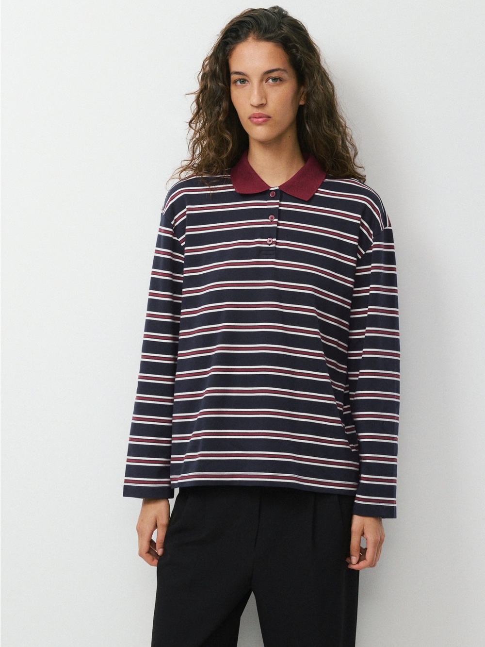Babaton Eton Interlock Cotton Striped Polo Sweatshirt in Navy and Burgundy